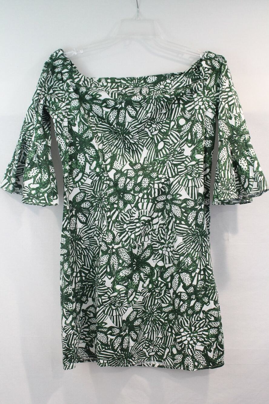 H & M Off the Shoulder Dress Womens size 8 Green Floral 3/4 Bell Sleeves